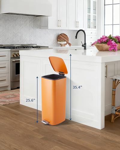 Garvee 8 Gallon Trash Can for Kitchen, Stainless Steel Garbage Can with Lid and Inner Bucket, Step-On Square Trash Bin for Home Office Bedroom Bathroom Laundry Room, 30 Liter, Orange