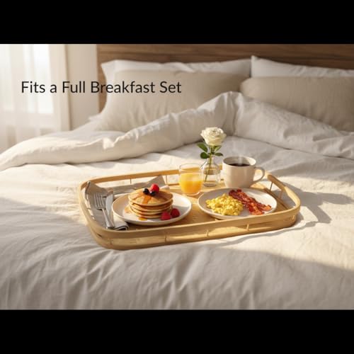 PEMAR Set of 4 Natural Bamboo Trays for Eating - Hand-Woven Handcrafted Rectangular Serving Trays with Handles - Unique Stackable Lap Trays for Dinner, TV Trays for Couch, Farmhouse Decor