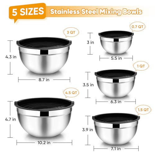 TeamFar Mixing Bowl Set of 5, 4.5/3/1.5/1/0.7 QT, Stainless Steel Metal Nesting Salad Bowl with Lid Set, Ideal for Mixing Serving, Non-Toxic & Sturdy, Airtight Lid & Easy Clean, Black