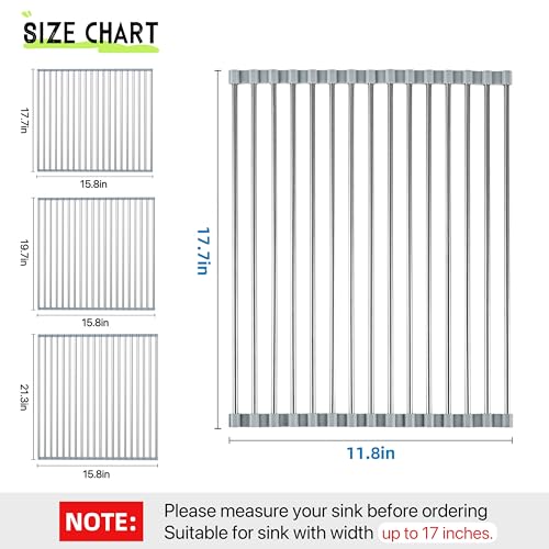 Sayehuanye Roll Up Dish Drying Rack 17.7" x 11.8" Over The Sink Dish Drying Rack, Kitchen Dish Rack Stainless Steel Dish Drying Rack for Kitchen Sink Counter Storage (Grey)