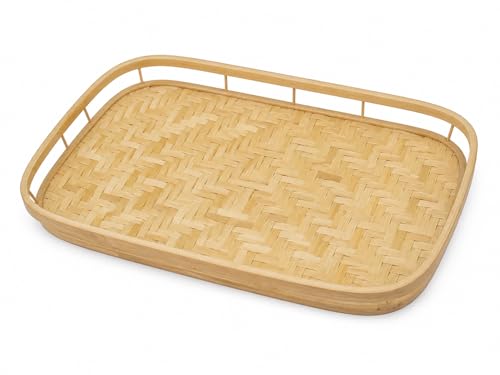 PEMAR Set of 4 Natural Bamboo Trays for Eating - Hand-Woven Handcrafted Rectangular Serving Trays with Handles - Unique Stackable Lap Trays for Dinner, TV Trays for Couch, Farmhouse Decor