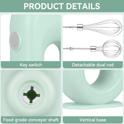 Cordless Hand Mixer Electric Handheld Mini Egg Beater 4 Speed Adjustable Mini Hand Mixer Electric Mixer, USB Charing, 1500mAh(Green)