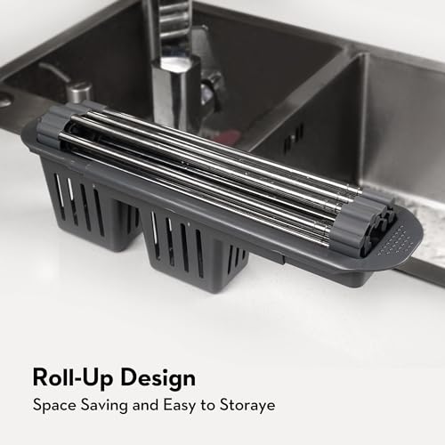 Dolreiik Roll Up Dish Drying Rack Over The Sink, 304 Stainless Stee Dish Drainer, Foldable & Adjustable Sink Drying Rack for Kitchen Sink Counter with Utensil Holder (Gray, Roll Up,Medium,Expandable)