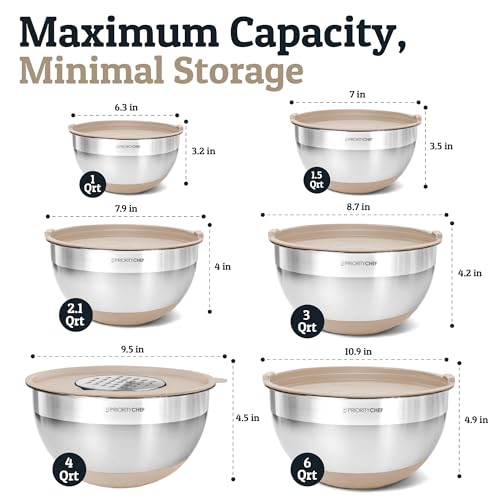 Priority Chef 6Pc Large Mixing Bowls With Lids Set with Non-Slip Bases, Stainless Steel Mixing Bowl Set, 6 Airtight Lids and 3 Graters, Khaki