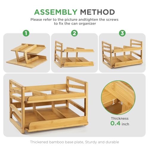 Aclema Bamboo Rolling Can Organizer for Pantry, Stackable 2 Tier Canned Food Organizer Rack for Storage, Kitchen Cabinet, Can Holders Dispensers for Pantry Up To 27 Cans