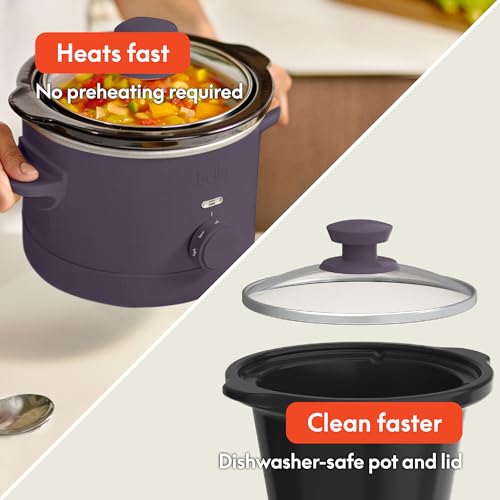 bella 1.5 Qt Slow Cooker with 3 Heat Manual Control, Ceramic Nonstick Coating, Dishwasher Safe Stoneware Pot and Tempered Glass Lid, Tangle Free Cord Wrap & Cool Touch Handles, Plum