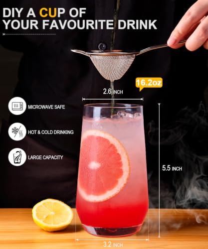 LUNA & MANTHA Drinking Water Glasses Set, Lead-Free Crystal Highball Glass, Tall Glass Cups for Cocktail Parties,Clear set of 8,16.2oz