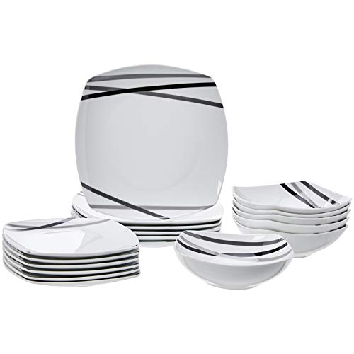 Amazon Basics Square Dinnerware Set for 6, Plates and Bowls for Kitchen, 18-Piece, Dishwasher and Microwave
