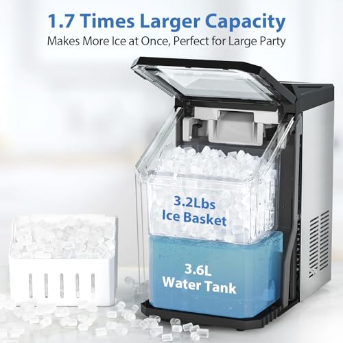 Aeitto Nugget Ice Maker Countertop, 55lbs/24H Ice Machine with 3.6L Water Tank&3.2Lbs Ice Basket, Self-Cleaning Pebble Ice Maker with Stainless Steel Housing for Home Office and Party, Silver