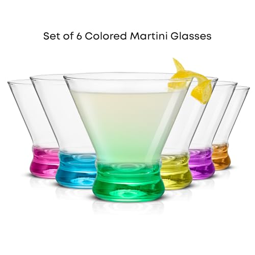 JoyJolt Hue 7.5oz Martini Glasses, Cocktail Glassware Set of 6, Colored Glass Base, Stemless Drinking Glasses for Margarita, Bar, Shrimp Cocktail, Juice