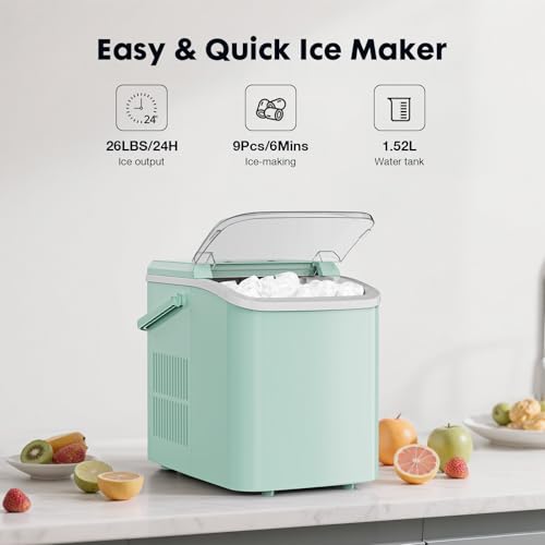 Sweetcrispy Countertop Ice Maker with Scoop, Basket and Handle, Portable Ice Machine 9 Cubes Ready in 6 Mins, 26.5lbs in 24Hrs, 2 Sizes for Home Kitchen Office Bar Party, Green