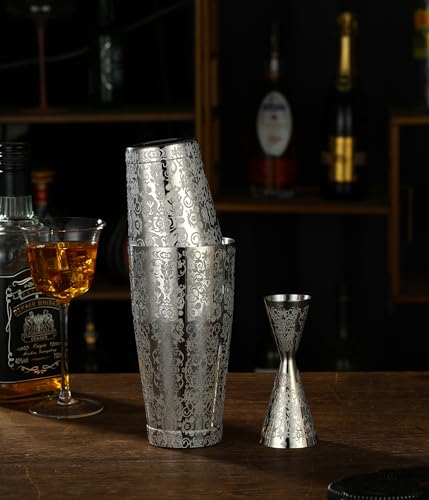 Stainless Steel Boston Shaker with Etched Pattern Weighted Shaking Tin Set (Spirit Silver)