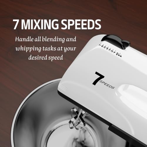 Stand Mixers, 7 Speeds With 3QT Stainless Steel Bowl, Stand and Hand Mixer with Dough Hook, Whisk, Mixing Beater for Baking, Cake, Cookie, Kneading (BU1)