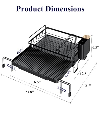 Kitsure Extendable Dish Drying Rack - Adjustable Length 12.8"–21.0", Auto-Draining Dish Rack for Kitchen Counter, Rust-Resistant Metal Frame Over-Sink Support for Plates, Bowls & Utensils, Black