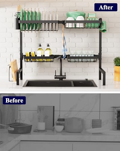 Kitsure Over The Sink Dish Drying Rack - 26.8" to 33.9"x21.5", Adjustable Sink Drying Rack for Kitchen Sink with Large Capacity, 2-Tier Dish Rack Over Sink with Multifunctional Baskets, Black