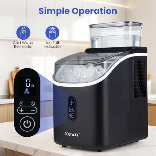 COSTWAY Countertop Ice Cube Maker with External Water Tank, 16Pcs Ready in 6 Mins, 34Lbs/24H Portable Ice Machine with 13 Thickness Levels, Self-Cleaning, 24H Reservation for Home Office Bar, Black