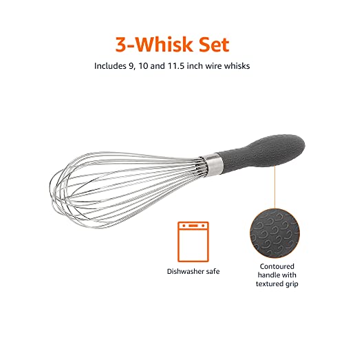 Amazon Basics Stainless Steel Wire Whisk Set for Cooking, Different Sizes, Easy to Hold Ergonomic Handle, 3 Piece, Black/Silver