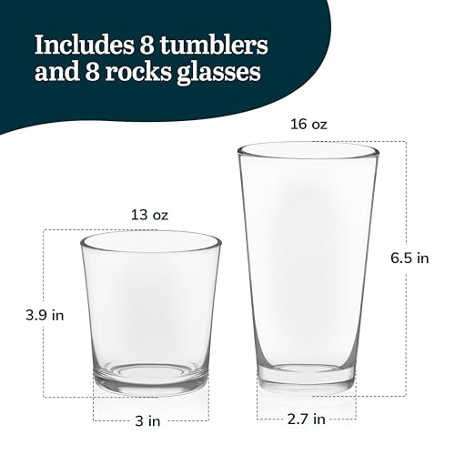Libbey Preston Tumbler and Rocks Glass Cups Set, All Purpose Everyday Drinking Glasses Set of 16, Glassware Drinking Glasses for Birthdays, Dinners