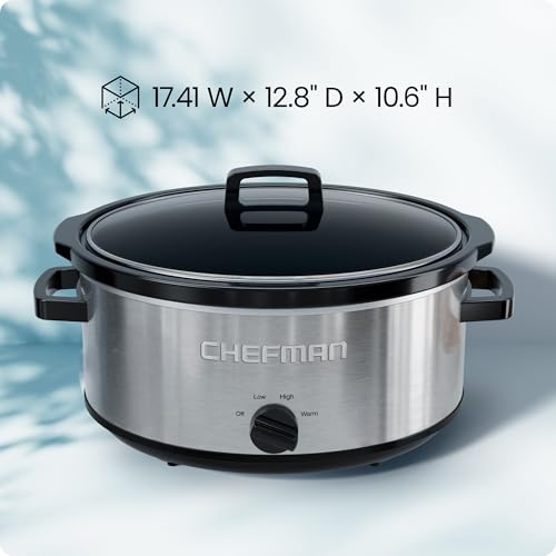 Chefman Slow Cooker 7 Quart, Large Family Size Slow Cooker with Low, High & Warm Settings, Removable Ceramic Crock, Tempered Glass Lid, Dishwasher-Safe for Easy Cleanup, Stainless Steel