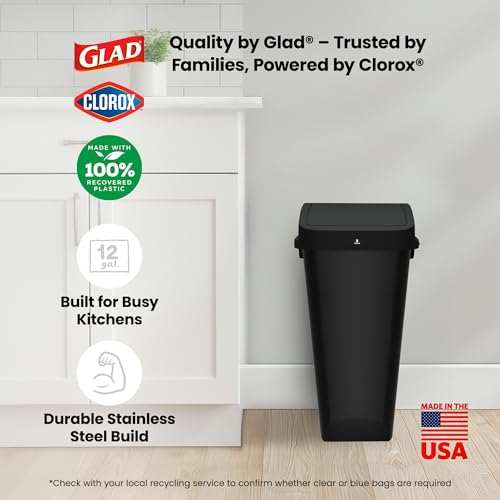 Glad 12 Gallon Trash Can with Clorox Odor Protection | Linkable Waste and Recycling Bin with Swing Top and Lift Up Lid, for Kitchen, Office or Home, Black