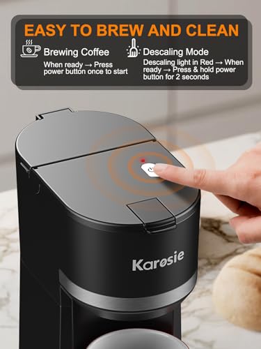 Karosie Single Serve Coffee Maker for Coffee Pods and Grounds, Fast Brew, 6-12 oz Brew Sizes Single Cup Coffee Maker Fits 5.5" Mugs, One-Button Small Coffee Maker, Descaling Reminder,Black,9.45 Inches