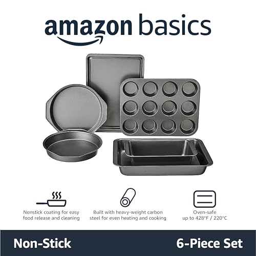 Amazon Basics 6 Piece Nonstick Carbon Steel Bakeware Set with Cake, Muffin, Cookie, and Loaf Pans, Easy Release, Oven Safe, 16.25 x 11.75 x 6.25 inches