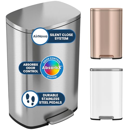 iTouchless 13.2 Gallon Step Trash Can with Lid and Odor Control Filter, Stainless Steel Kitchen Garbage Bin with AirNova Silent Lid, 50 Liter, Fingerprint-Proof, Silver
