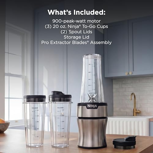 Ninja Nutri-Plus Personal Blender | Compact Push to Blend | Make Frozen Drinks, Smoothies, Sauces & More | With (3) 20 oz. To-Go Cups, (2) Spout-Lids & (1) Storage-Lid | 900 Peak Watt | Silver | BN301