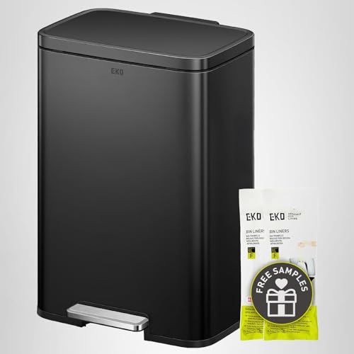 EKO Madison Matte Black Stainless Steel 13.2 Gal/50L Kitchen Step Trash Can or Recycling Bin, Removable Inner Liner, Soft Close Lid, Fingerprint Resistant Finish