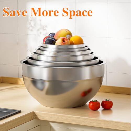 Winproper Mixing Bowls with Lids Set, 6 PCS Stainless Steel Mixing Bowls with 3 Grater Attachments, Kitchen Food Storage Organizers Nesting Mixing Bowl, Large Size 4.5, 3.5, 2.1, 1.5, 1.1, 0.7QT