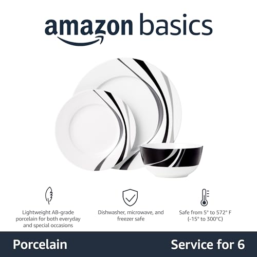 Amazon Basics 18-Piece Complete Kitchen Dinnerware Set, Microwave and Dishwasher Safe, Plates, Dishes, Bowls, Swirl, Heat Resistant, Service for 6, Everyday Use