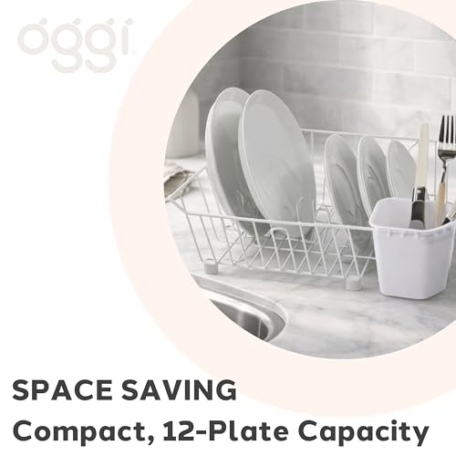 Oggi Compact Dish Drying Rack - White Metal Dish Drainer Rack, Drying Rack Kitchen, Dish Rack, Dish Racks for Kitchen Counter, Durable Coated Metal Kitchen Drying Rack with Cutlery Holder