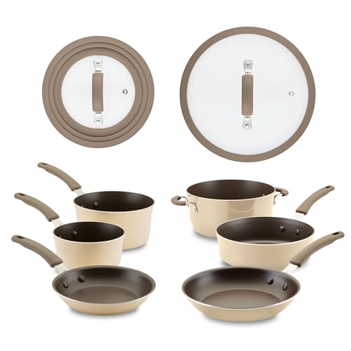 Rachael Ray Cook + Create Aluminum Nonstick Cookware Set, 10-Piece, Almond