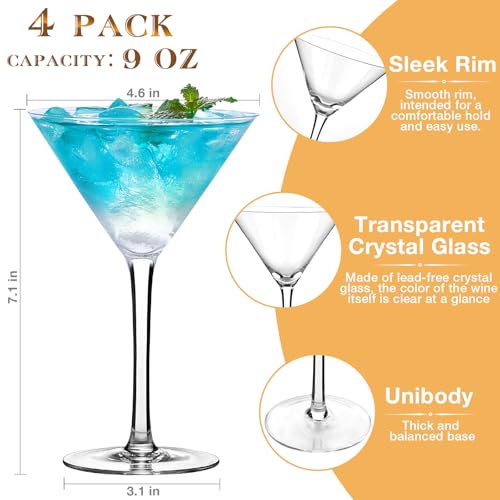 Qipecedm Martini Glasses Set of 4, 9 oz Crystal Cocktail Glasses, Hand Blown Crystal Martini Glasses for Espresso Martini, Cosmopolitan, Gimlet, Home Bar, Party, Martini Glassware Gift Set (Stem)
