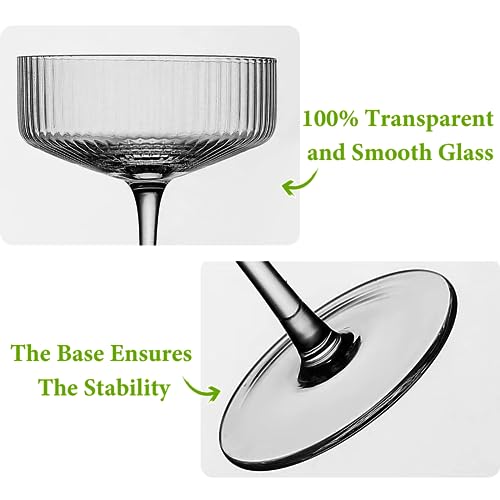 Qipecedm 4 Pcs Ribbed Coupe Glasses, 10 oz Vintage Coupe Glass Set, Unique Martini Glass, Classic Cocktail Galssware, Bar Drinking Glasses Set Pefect for Cocktail, Wine, Champagne & Gift