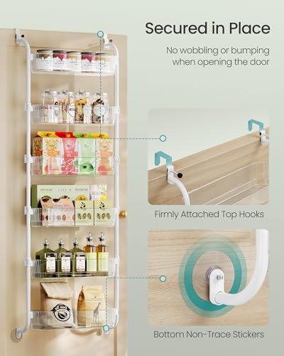 SONGMICS Over the Door Pantry Organizer, 6-Tier Kitchen Pantry Door Organizer with Adjustable Tall Baskets, Hanging Spice Rack, for Bedroom Bathroom Laundry Room, Transparent UKCS046WG01