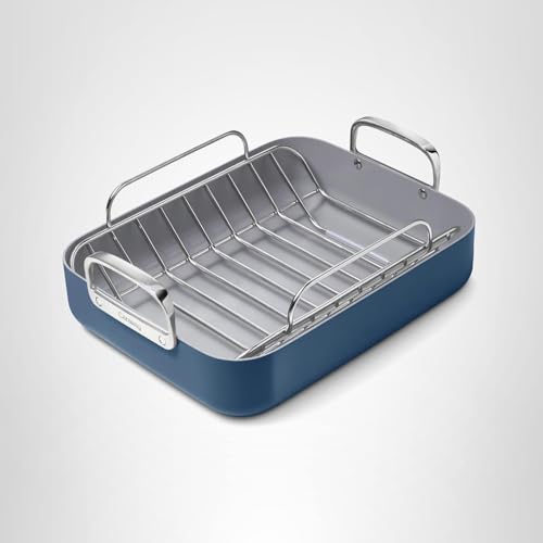 Caraway Roasting Pan - 16x13” Roasting Pan with Rack - Non-Stick Ceramic Coated - Non Toxic, PTFE & PFOA Free - Oven Safe & Compatible with All Stovetops - Navy