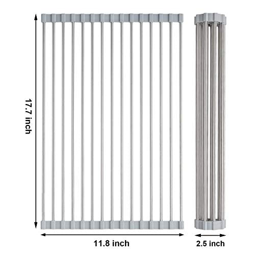 Over the Sink Dish Drying Rack, Searik Roll up Sink Dish Drainer Rack Foldable Kitchen Stainless Steel Dish Rack Sink Drying Rack (17.7” x 11.8”)