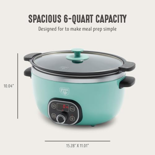 GreenLife 6QT Ceramic Slow Cooker, PFAS-Free, Programmable, Removable Healthy Nonstick Pot for Family Meals, Sear on Stovetop, Keep Warm, Digital Timer, Dishwasher Safe Crock, Turquoise