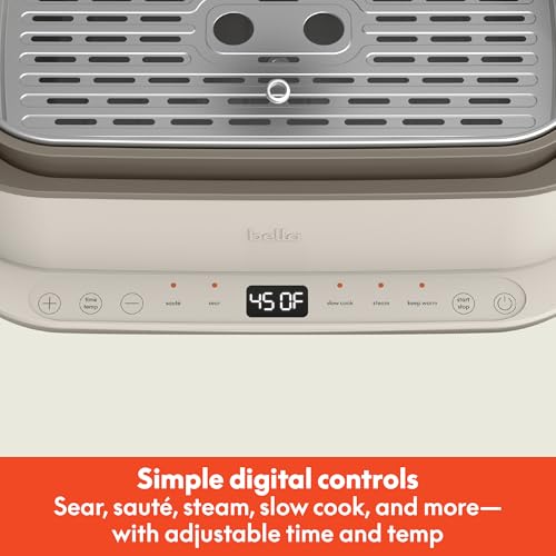 bella 6.0 QT Multi-Cooker, Ceramic Nonstick Coating, 4-in-1 Versatility, 4 cooking functions, Slow Cook, Sear, Saute, Steam, Serves 7 people, Dishwasher Safe Pot & Tempered Glass Lid, Tangle Free Cord Wrap, Oatmilk