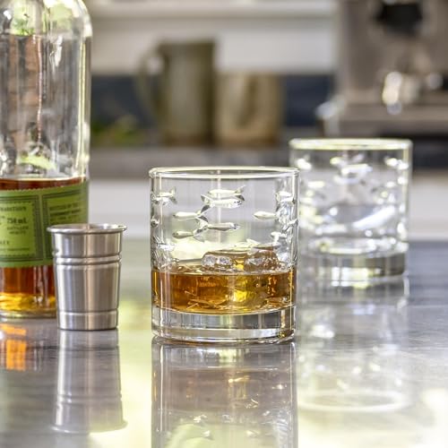 Rolf Glass School of Fish On the Rocks Glass |10oz Whiskey Glasses | Made in America | Deeply Engraved Fish Design | Diamond Engraved and Polished | Set of 4
