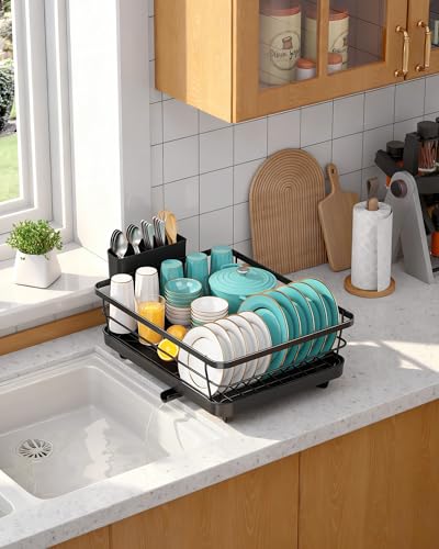 Sakugi Dish Drying Rack - Stainless Steel Dish Rack with Drainboard for Kitchen Counter and Sink, 15.6" D x 12" W x 5" H, Black