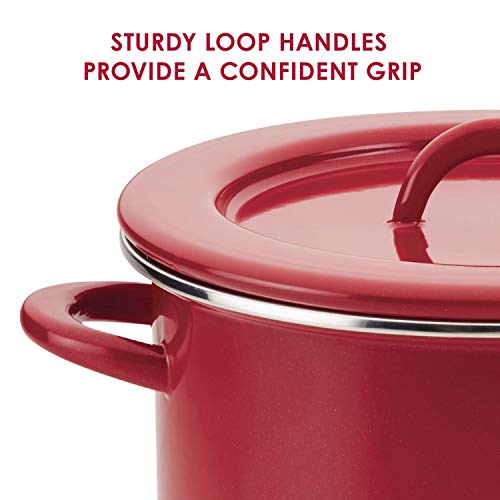 Rachael Ray Create Delicious Large Enamel on Steel Induction 12 Qt Stock Pot with Lid, Red Shimmer