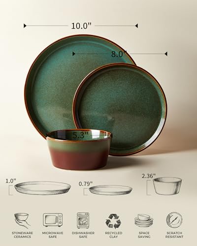 Pokini Plates and Bowls Sets for 4, Ceramic Dinnerware Sets, Kitchen Dish Set, Microwave & Dishwasher Safe Dishware, Highly Durable Hand Glazed Dinner Set, Brown Green