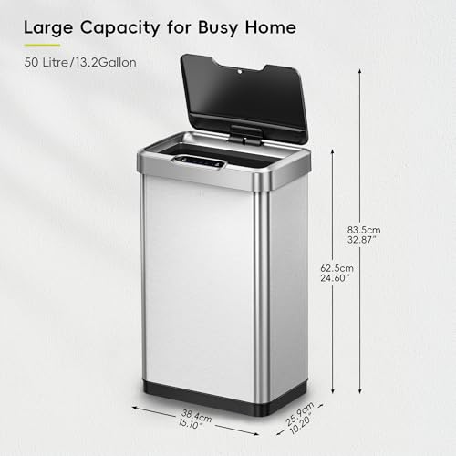 EKO Mirage-T 50 Liter / 13.2 Gallon Touchless Rectangular Motion Sensor Trash Can, Brushed Stainless Steel Finish