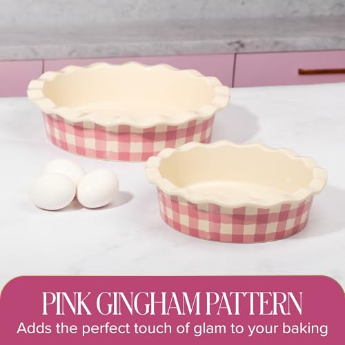 Paris Hilton Ceramic Pie Dish Set, 7-Inch and 9-Inch Stoneware Baking Dishes with Fluted Rim and Gingham Design, Oven Safe up to 450°F, 2-Piece, Pink