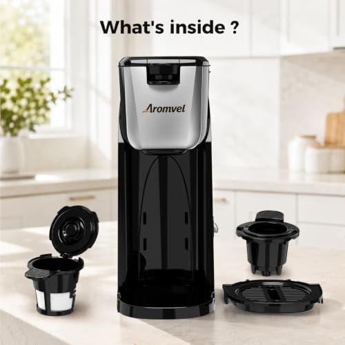 Aromvel 2-in-1 Single Serve Coffee Maker for K Cup Pods & Ground Coffee, 6 to 14 oz Brew Sizes, Compact Small Brewer with Dual Buttons, Adjustable Drip Tray for Travel Mugs, Silver