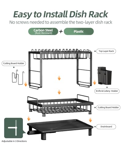 Nfnoyp Dish Drying Rack, 2 Tier Space-Saving Dish Rack, Multifunctional Dish Drainer for Kitchen Counter with Drainboard/Utensil/Cup Holder Rustproof Carbon Steel, Black
