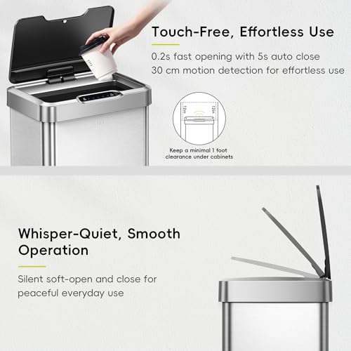 EKO Mirage-T 50 Liter / 13.2 Gallon Touchless Rectangular Motion Sensor Trash Can, Brushed Stainless Steel Finish