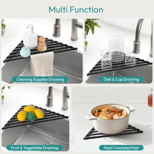 romise Small Triangle Roll Up Dish Drying Rack for Sink Corner, Foldable Silicone Coated Stainless Steel Over Sink Rack, Space Saving Heat Resist Anti-Slip Anti-Rust Drainer Mat for Dish Fruit (Black)